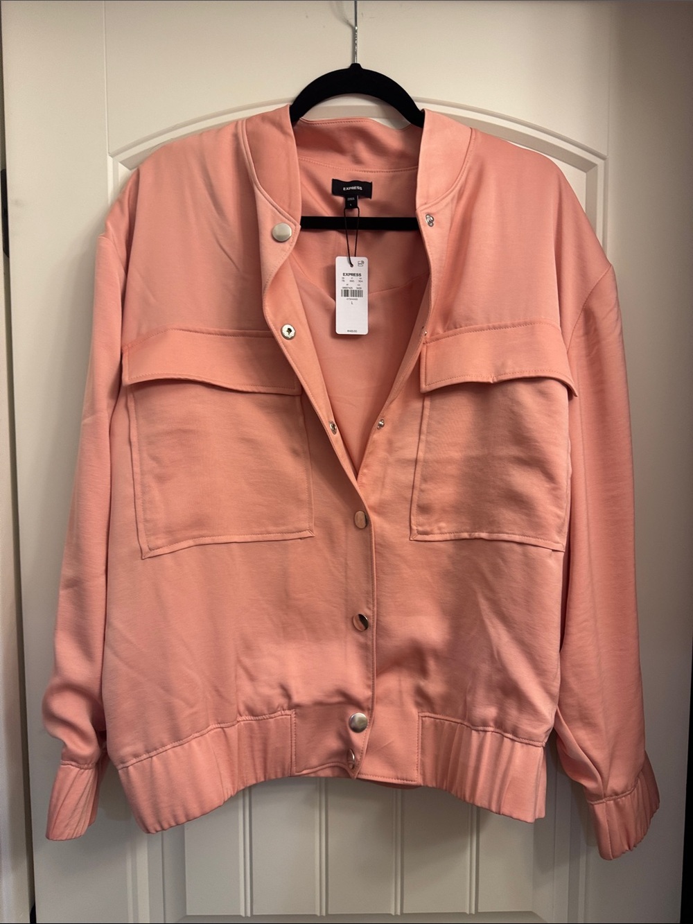 Express Pink Coral Snap-Front Bomber Jacket, New, L